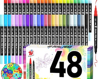 48 Color Dual Tip Brush Pens Fine Marker Set Art Coloring Supplies Gift