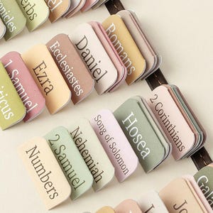 May include: A collection of adhesive Bible index tabs in a muted color palette including sage green, dusty rose, beige, and tan. Each tab features a rounded edge and is printed with the name of a specific book of the Bible, such as Numbers, 2 Samuel, Nehemiah, Song of Solomon, Hosea, 2 Corinthians, Ezra, Ecclesiastes, Daniel, and Romans.