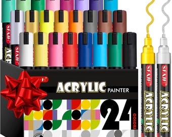 24 Color Acrylic Paint Markers 3mm Tip Replaceable Nibs Multi Surface Art Pens