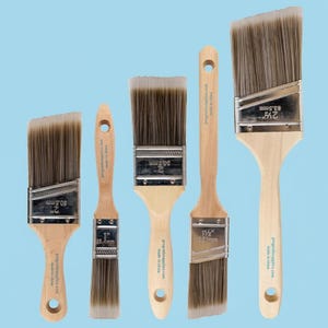 May include: A set of five paint brushes with light wood handles and synthetic bristles. The metal ferrules are stamped with sizes 1 inch, 1.5 inches, 2 inches, and 2.5 inches. Each handle features a hole at the end and printed text including made in china.