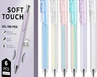 6 Pack 0.5mm Gel Pens Black Ink Quick Dry Retractable Silicone Grip Writing