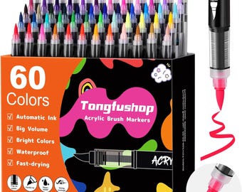 Tongfushop 60 Colors Acrylic Paint Markers, Water-Based Paint Pens with Auto Ink Control