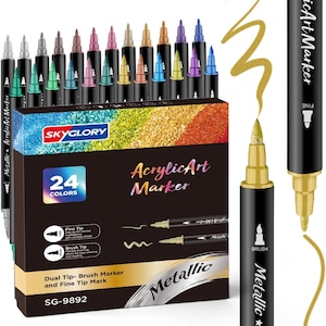 May include: A box set of 24 metallic acrylic art markers with dual tips. The box features the brand name "SKYGLORY" and the text "Acrylic Art Marker". The markers are in various colors, with a fine tip and brush tip.