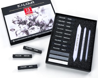 Charcoal Drawing Set 15 Piece Sketching Kit Soft Medium Hard Sticks Blending Tools