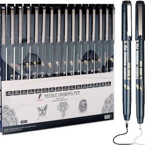 May include: A set of 16 black needle drawing pens in a clear plastic case. The pens are labeled with different line widths, from 0.15mm to 3.0mm. Two pens are shown outside the case, with the text "PIGMENT DRAWING PEN" and line widths.