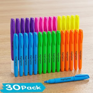 May include: A set of thirty plastic highlighters in various colors including purple, pink, yellow, orange, green, and blue. Each highlighter features a removable cap and the word Highlighter printed on the barrel. One blue highlighter lies horizontally in front of the upright group.