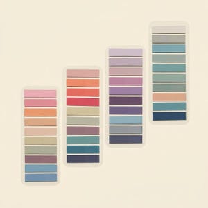 May include: Four vertical rectangular cards containing multiple thin, horizontal adhesive page markers in a gradient of colors including pink, orange, peach, beige, sage green, lavender, purple, light blue, and dark navy blue arranged in a stepped pattern.