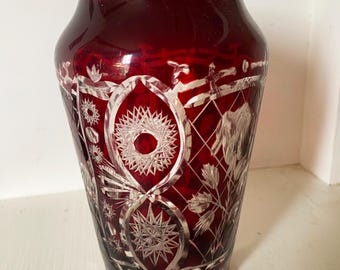 ルビーの花瓶、ルビーガラスの花瓶、ルビーカットクリア花瓶、チェコ