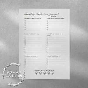 Reflection Journal Log Minimal Elegant Simple, Journaling Planner Sheet Undated Monthly Self Check-In ADHD Productivity Tool Modern Insert
