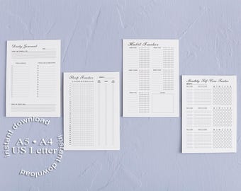 May include: Four white printable planner pages on a light blue background. The pages include a daily journal, sleep tracker, habit tracker, and monthly self-care tracker. The words "instant download" and "A5, A4, US Letter" are also visible.