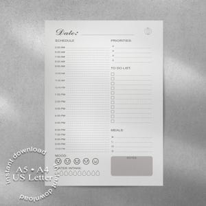 May include: A white printable daily planner sheet with sections for schedule, priorities, to-do list, meals, mood, water intake, and notes. Includes the text "instant download" and "A5 • A4 • US Letter".
