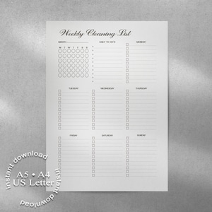 May include: A white printable weekly cleaning list with the title "Weekly Cleaning List" in a decorative font. The list includes sections for each day of the week, a monthly calendar, and space for daily tasks. The text "Instant download" is also visible.