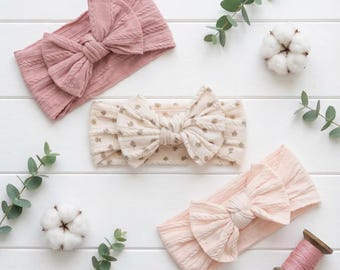 Baby Girl Headband with Bow, Set of 3 Soft Cotton Newborn Headbands, Pink and Floral Turban, Handmade Gift, Baby Hair Accessory