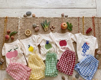 Children's Organic Cotton Pyjama Set - T-shirt and Shorts with Fun Fruit Pattern - Comfortable Summer Outfit for Baby and Child - Baby Shower Gift