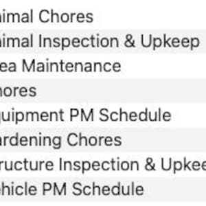 Puede incluir: Una lista de iconos de carpetas azules con etiquetas de texto. Las etiquetas incluyen "Animal Chores", "Animal Inspection & Upkeep", "Area Maintenance", "Chores", "Equipment PM Schedule", "Gardening Chores", "Structure Inspection & Upkeep" y "Vehicle PM Schedule".