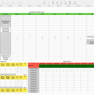 Puede incluir: Una hoja de cálculo digital con múltiples columnas y filas, con campos de datos para información de carga, gastos y detalles del cliente. La hoja de cálculo está organizada con encabezados en verde, rojo y amarillo y se muestra en una pantalla de computadora.