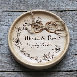 Floral Wedding Ring pillow alternative, Wedding ring dish wood, 5th Anniversary gift image 1