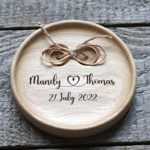 Wedding Ring pillow alternative, Wedding ring dish wood, 5th Anniversary gift, Engraved names and date. image 1