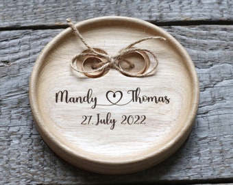 Wedding Ring pillow alternative,  Wedding ring dish wood, 5th Anniversary gift, Engraved names and date.