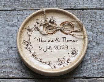 Floral Wedding Ring pillow alternative, Wedding ring dish wood, 5th Anniversary gift