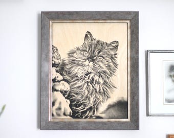 Pet photo engraved on wood, cat, dog .