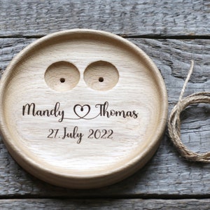 Wedding Ring pillow alternative, Wedding ring dish wood, 5th Anniversary gift, Engraved names and date. image 3