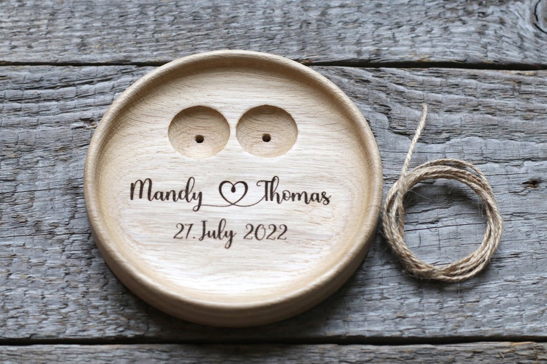 Wedding Ring pillow alternative, Wedding ring dish wood, 5th Anniversary gift, Engraved names and date. image 3