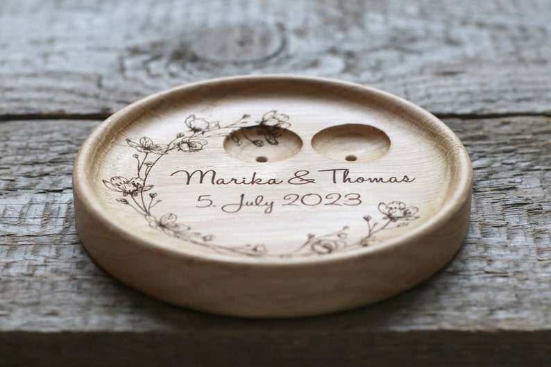 Floral Wedding Ring pillow alternative, Wedding ring dish wood, 5th Anniversary gift image 4