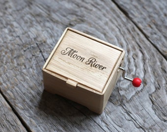 Moon River hand cranked music small wood box