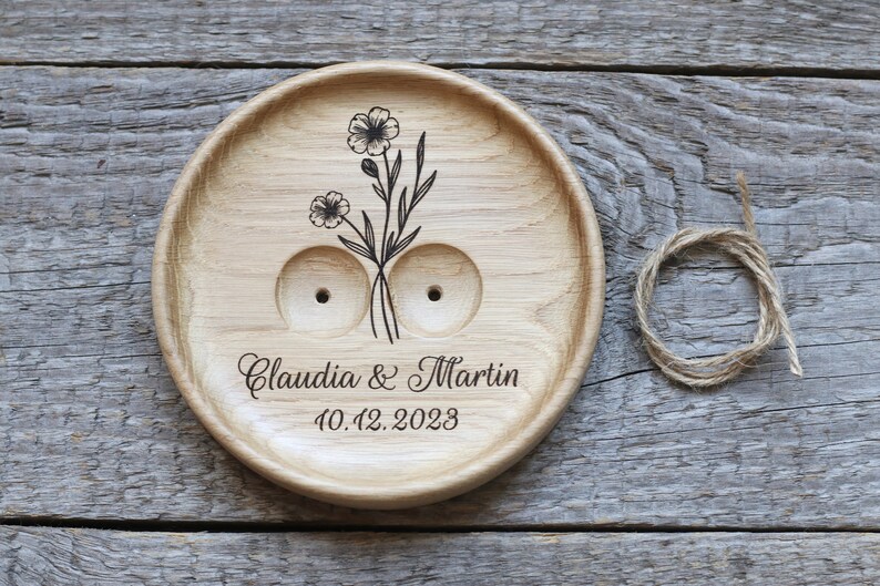 Alternativa al cuscino per fedi nuziali bouquet floreale, legno piatto per fedi nuziali, regalo per il 5 anniversario immagine 4