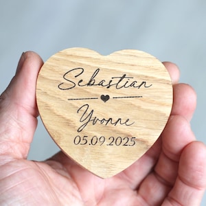 Wood heart magnet, wedding gift, engraved names and date.