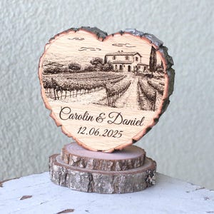 Topper per torta nuziale a forma di cuore in legno a tema vigneto, campagna.