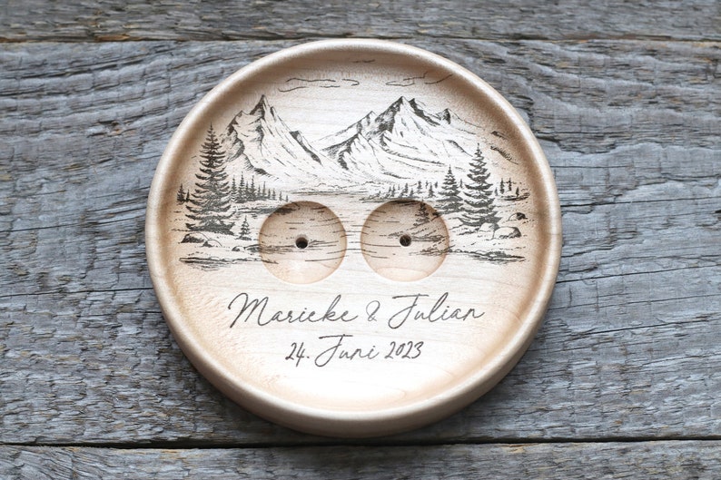 Mountain view Wedding Ring pillow alternative, Wedding ring dish wood, 5th Anniversary gift With