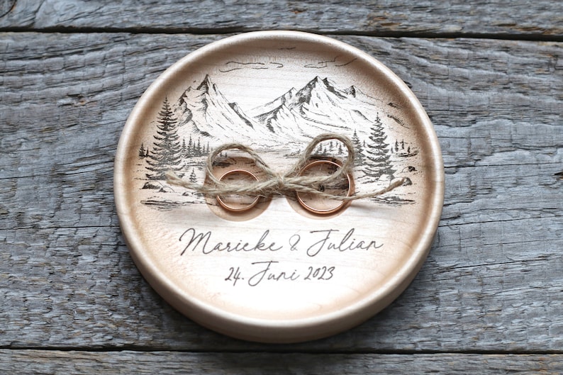 Mountain view Wedding Ring pillow alternative, Wedding ring dish wood, 5th Anniversary gift image 6