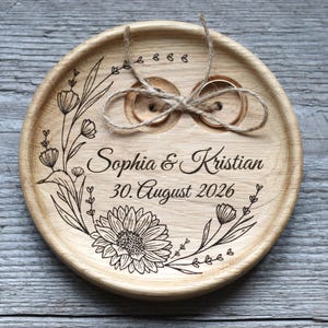 Floral Wreath Wedding Ring pillow alternative wooden dish, 5th Anniversary gift. 16 different wreaths.