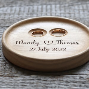 Wedding Ring pillow alternative, Wedding ring dish wood, 5th Anniversary gift, Engraved names and date. image 5