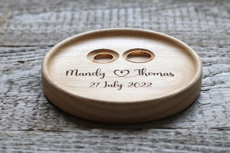 Wedding Ring pillow alternative, Wedding ring dish wood, 5th Anniversary gift, Engraved names and date. image 5