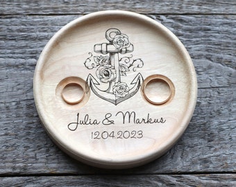 Anchor Wedding Ring pillow,  Wedding ring dish wood, 5th Anniversary gift