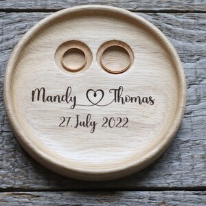 Wedding Ring pillow alternative, Wedding ring dish wood, 5th Anniversary gift, Engraved names and date. image 4