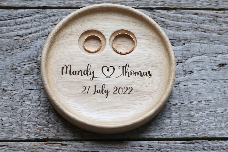 Wedding Ring pillow alternative, Wedding ring dish wood, 5th Anniversary gift, Engraved names and date. image 4