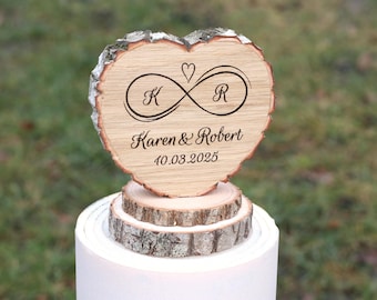 Adorno para tarta de bodas personalizado con forma de corazón de madera de roble: Símbolo de infinito grabado a láser