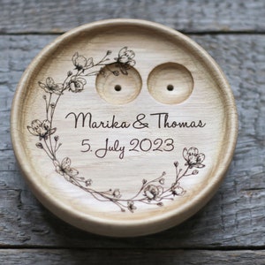 Floral Wedding Ring pillow alternative, Wedding ring dish wood, 5th Anniversary gift image 3