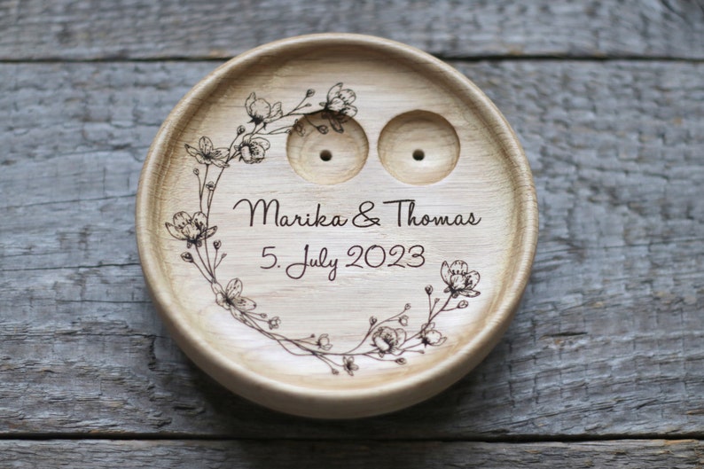 Floral Wedding Ring pillow alternative, Wedding ring dish wood, 5th Anniversary gift image 3