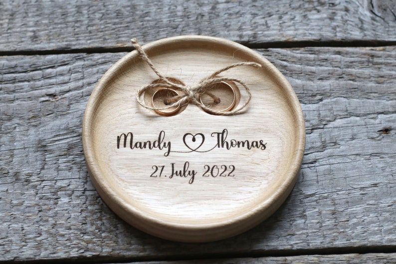 Wedding Ring pillow alternative, Wedding ring dish wood, 5th Anniversary gift, Engraved names and date. image 1