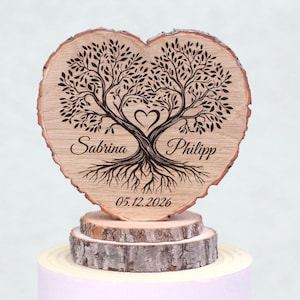 Tree of Life Wedding wooden heart cake topper.