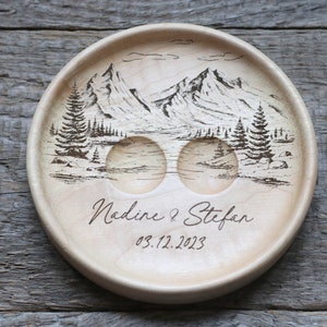 Mountain view Wedding Ring pillow alternative, Wedding ring dish wood, 5th Anniversary gift Without