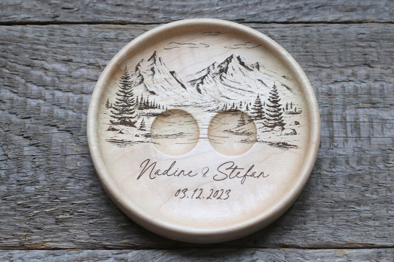 Mountain view Wedding Ring pillow alternative, Wedding ring dish wood, 5th Anniversary gift Without