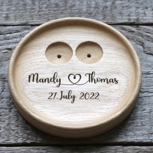 Wedding Ring pillow alternative, Wedding ring dish wood, 5th Anniversary gift, Engraved names and date. image 2