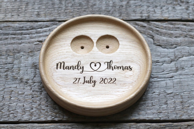 Wedding Ring pillow alternative, Wedding ring dish wood, 5th Anniversary gift, Engraved names and date. image 2