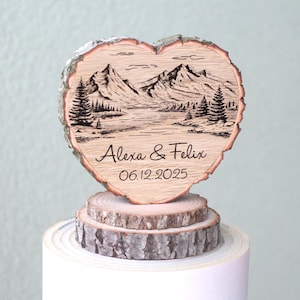Decorazione per torta nuziale a forma di cuore in legno, a forma di fiume di montagna.
